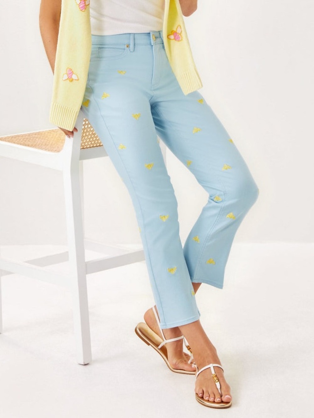 Lilly Pulitzer 27" Annet High Rise Crop Flare Jean Gold Bee Embroidered 16 NEW